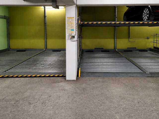 Hotel underground parking with stacker parking spaces