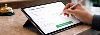 Gast bedient beim Hotel-Check-in ein Tablet mit digitalem Meldeschein