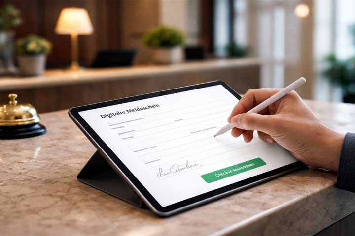 Gast füllt an einem Tablet einen digitalen Meldeschein am Hotelcounter aus