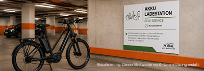 Visualisierun E-Bike-Akku-Ladestation im Sorat Hotel Brandenburg mit Fahrrad, Hinweisschild, erstellt mit KI.