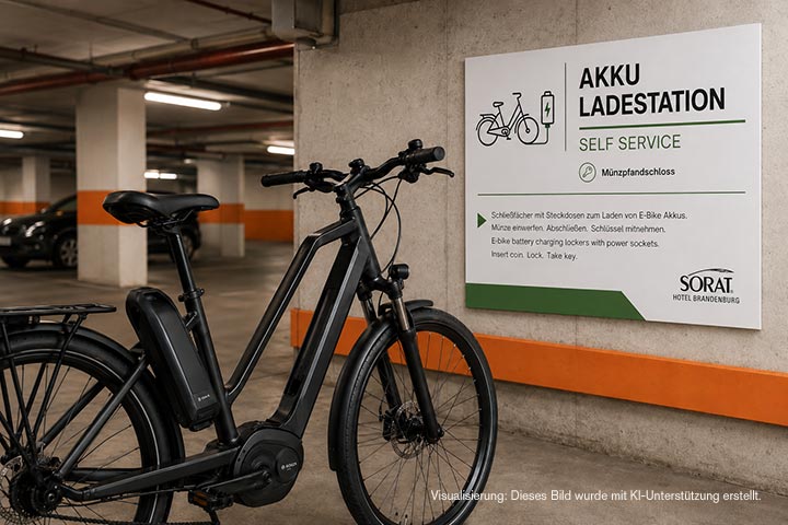 Visualisierun E-Bike-Akku-Ladestation im Sorat Hotel Brandenburg mit Fahrrad und Hinweisschild.