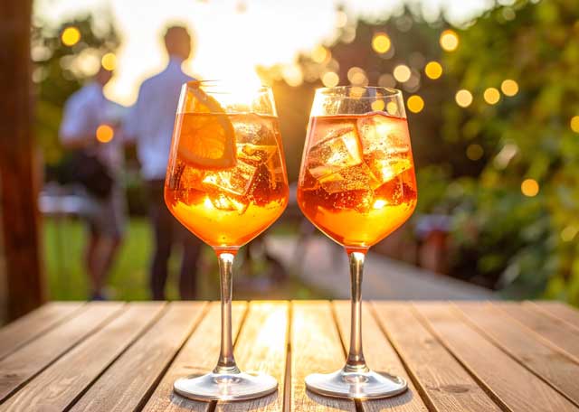Spritz Cocktails bei Sonnenuntergang, unscharfe Gäste im Hintergrund