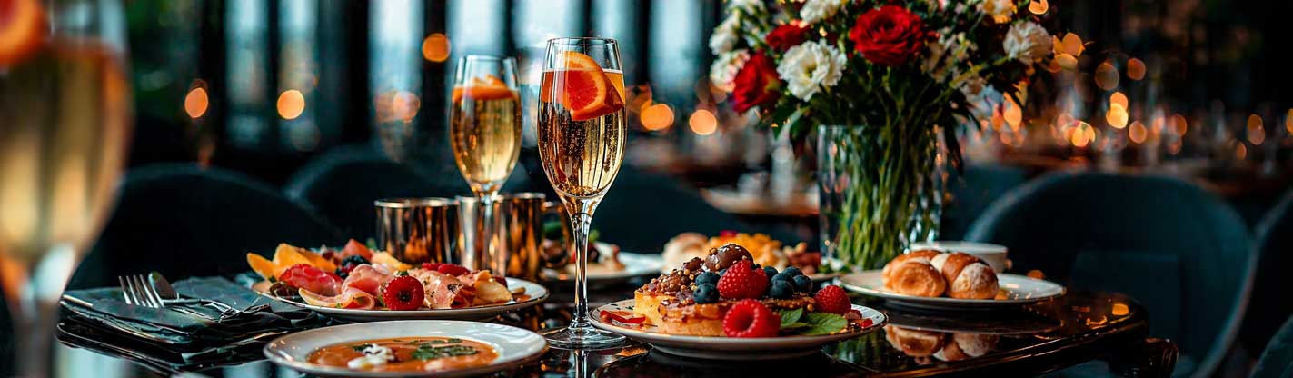 Set table with lazy sunday brunch, fruit and drinks in Sorat Insel-Hotel Regensburg