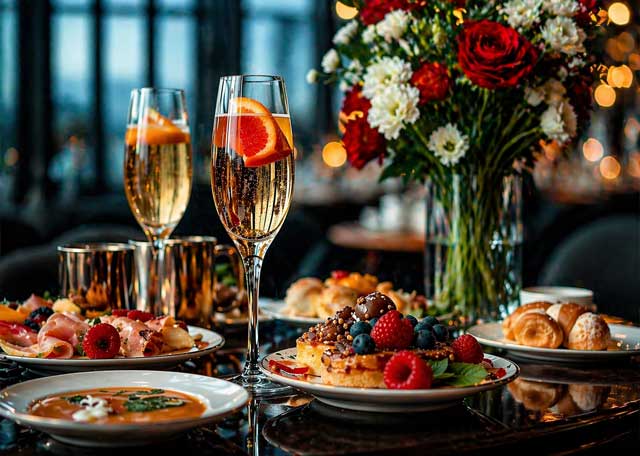 Gedeckter Tisch beim Lazy Sunday Brunch mit Sekt und Speisen im Altstadtsalon in Regensburg