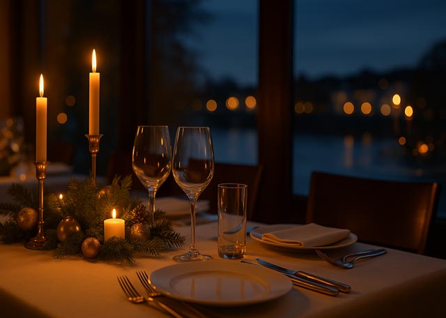 Weihnachtlich dekorierter Tisch für das Weihnachtsmenü im Restaurant Brandner